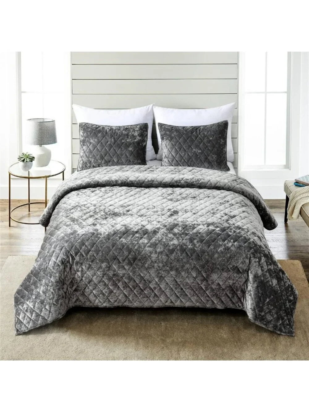 Luxurious Distressed Velvet Quilt Set, 3-Piece Grey King, Soft Microfiber